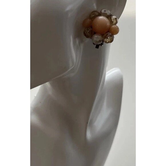 Vintage 1950s Faux Pearl Sea Cream Orange Crystal Cluster Clip on Earrings - Picture 7 of 12